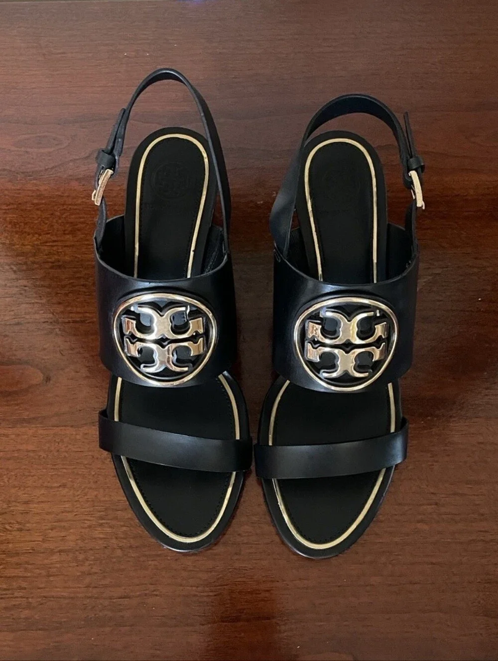 Tory Burch Black Leather Slingback Sandals with Gold Logo